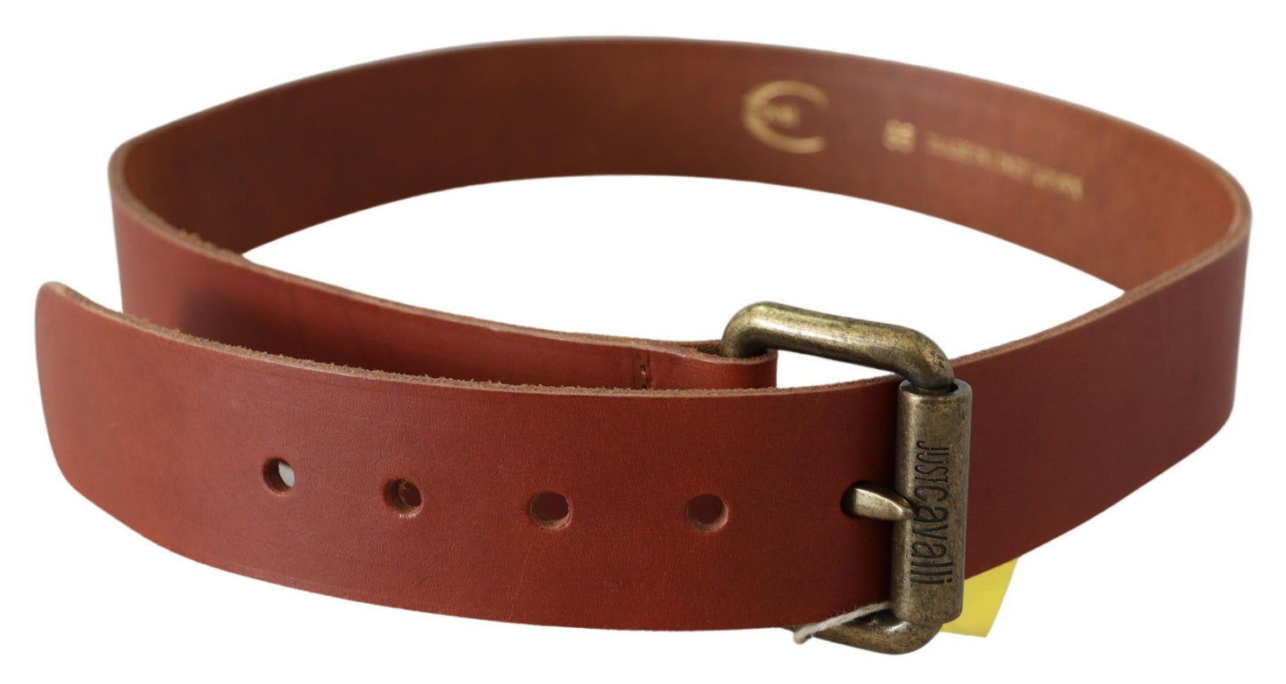 Just Cavalli – Brauner Ledergürtel mit Logo und rustikaler Metallschnalle in Bronze