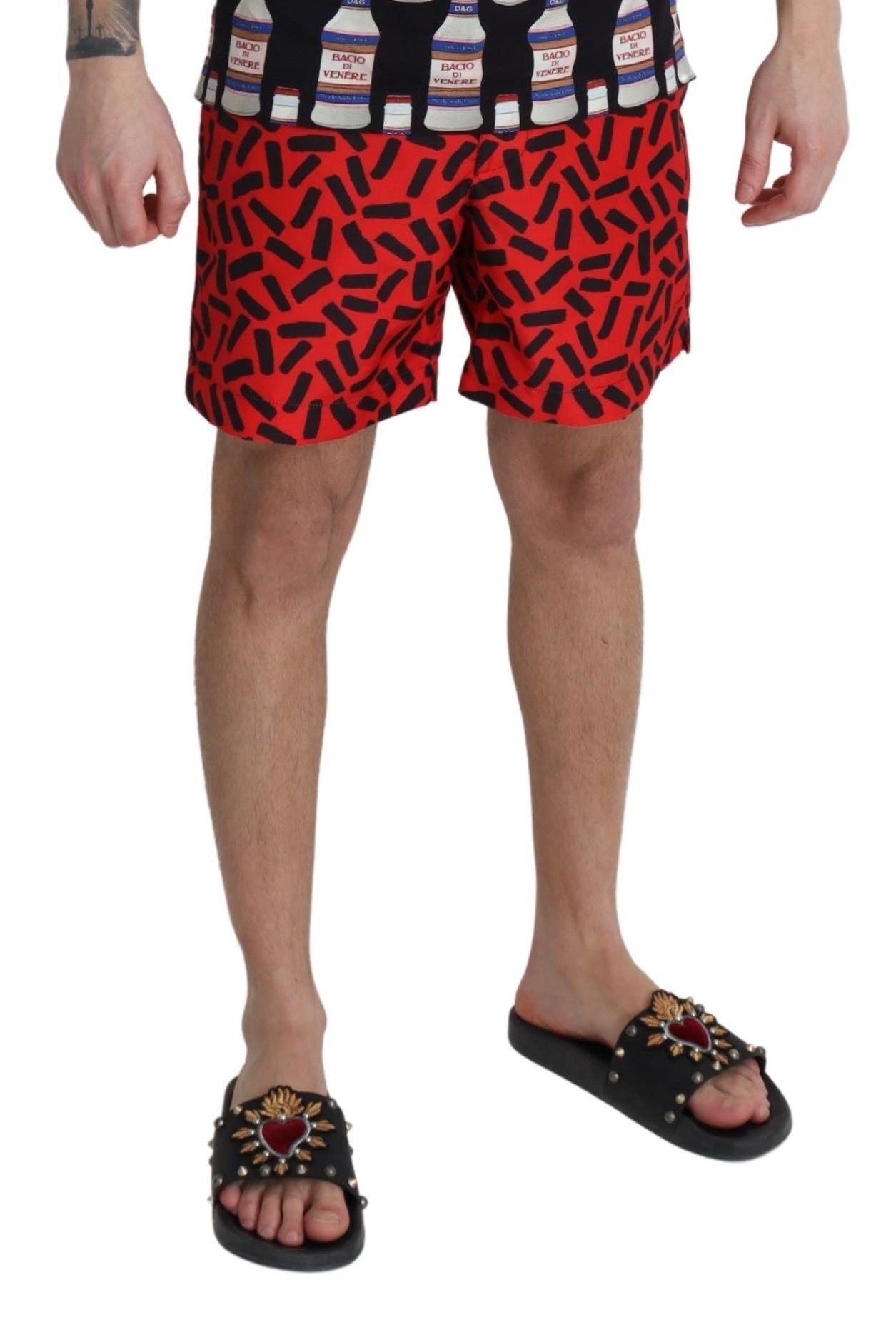 Dolce & Gabbana Rot gemusterte Strandshorts Bademode
