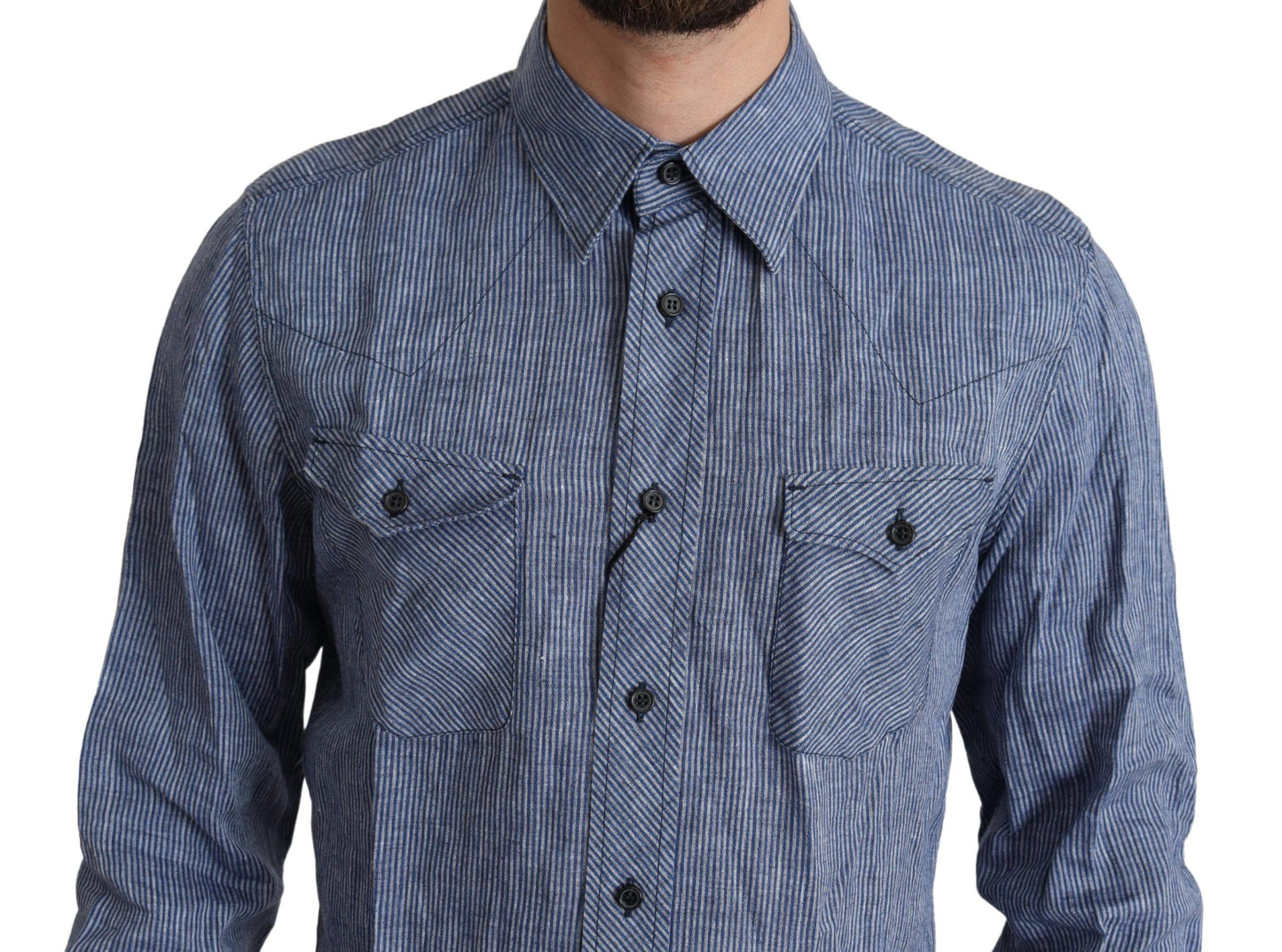 Dolce & Gabbana Blau gestreiftes Herren-Freizeithemd mit Knopfleiste