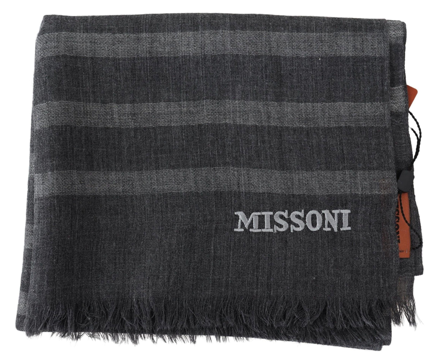 Missoni Grau gestreifter Unisex-Halswickelschal aus Wolle mit Fransen