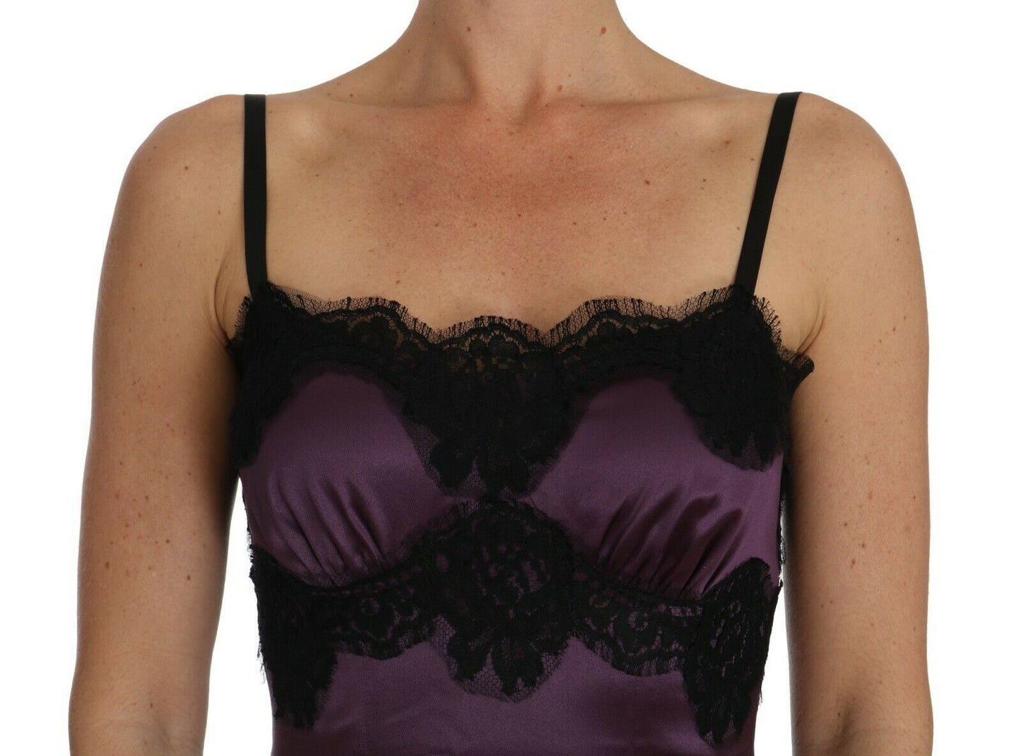 Dolce & Gabbana Lila Seidenstretch Schwarze Spitze A-Linien-Kleid