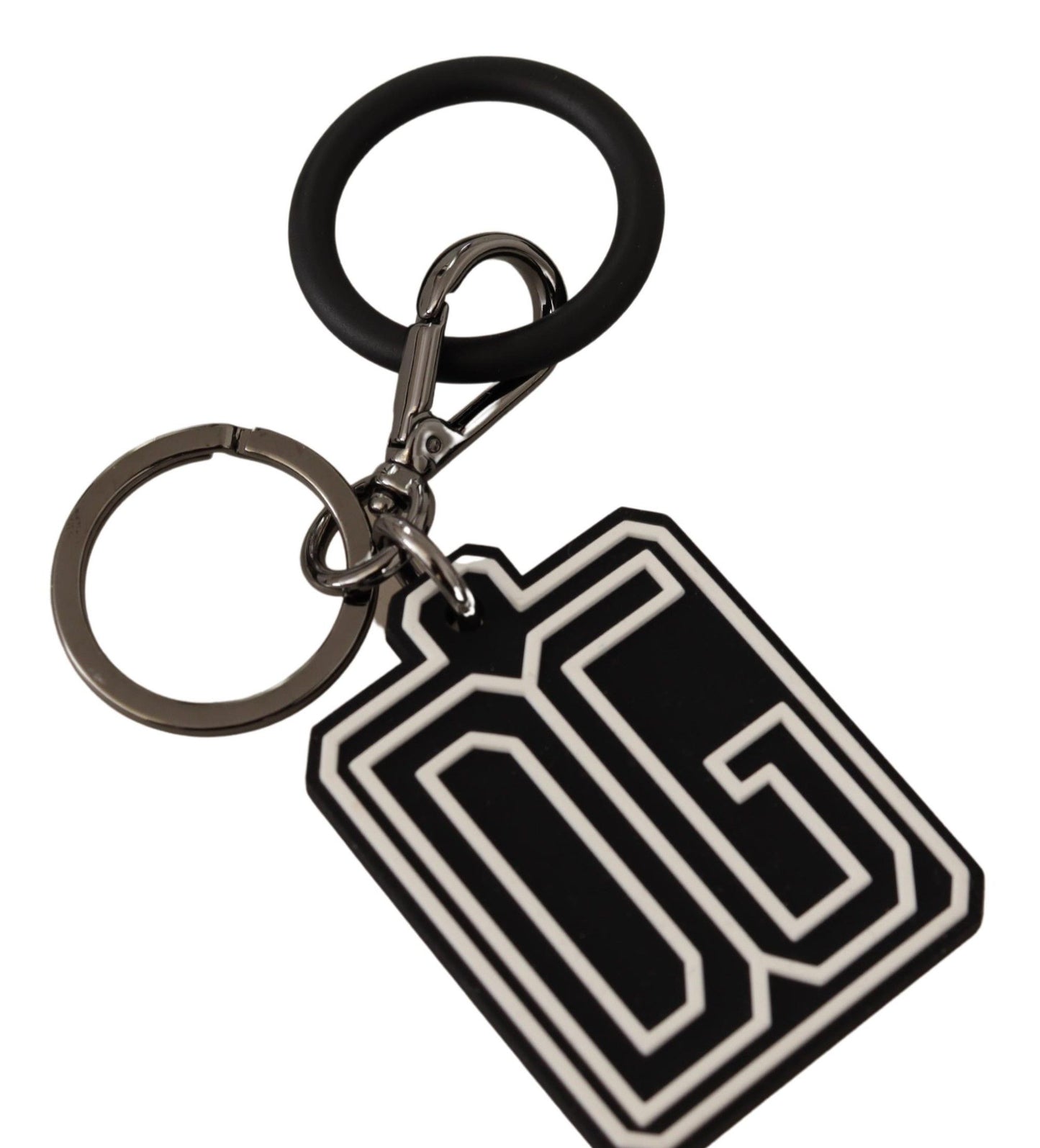 Dolce & Gabbana Schwarz-Weiß-Schlüsselanhänger mit DG-Gummi-Logo und silbernem Ring