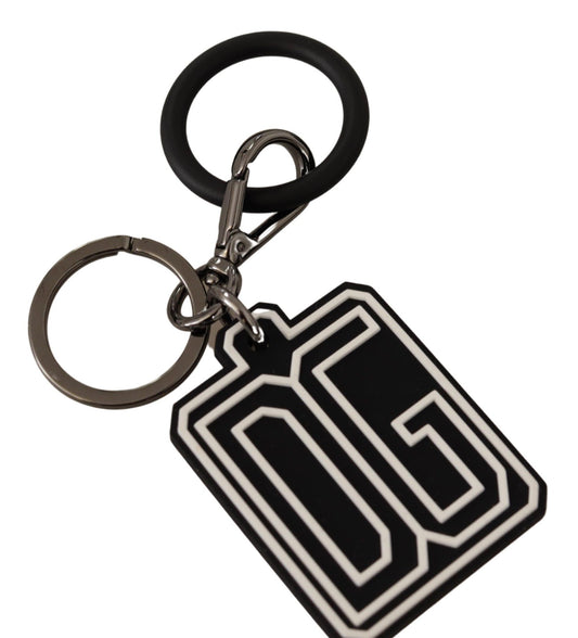 Dolce & Gabbana Schwarz-Weiß-Schlüsselanhänger mit DG-Gummi-Logo und silbernem Ring