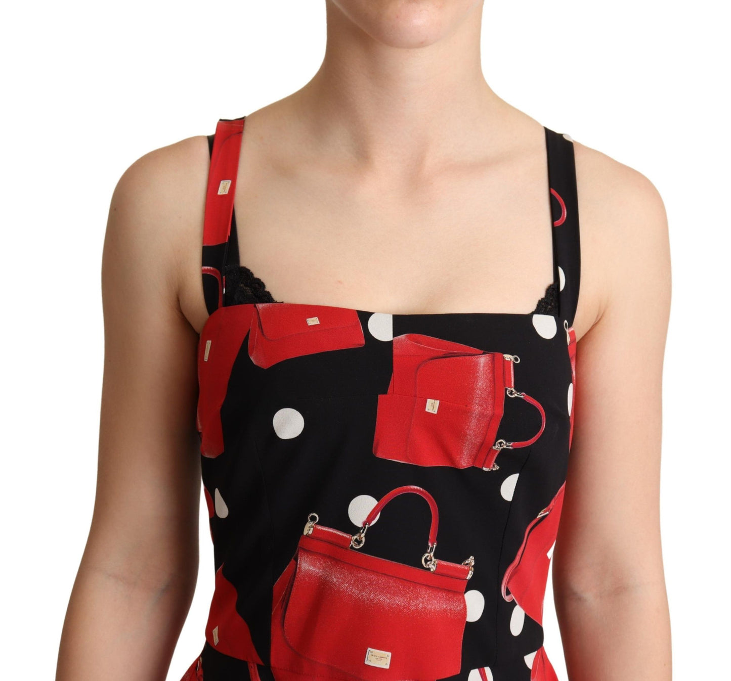 Dolce & Gabbana – Mittellanges A-Linien-Kleid mit schwarzem und rotem Taschendruck