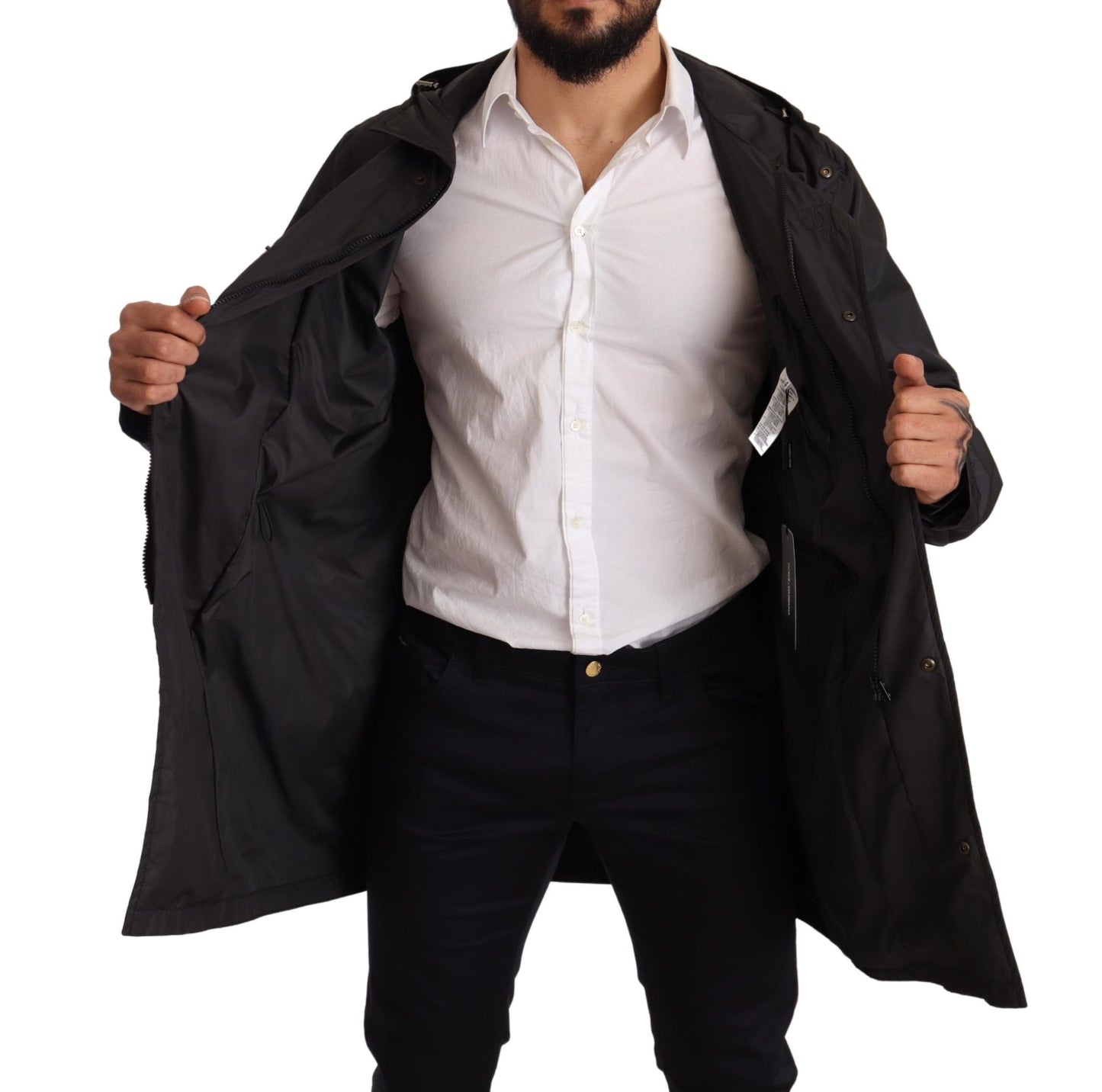 Dolce & Gabbana Schwarze Herren-Trenchcoatjacke mit Kapuze