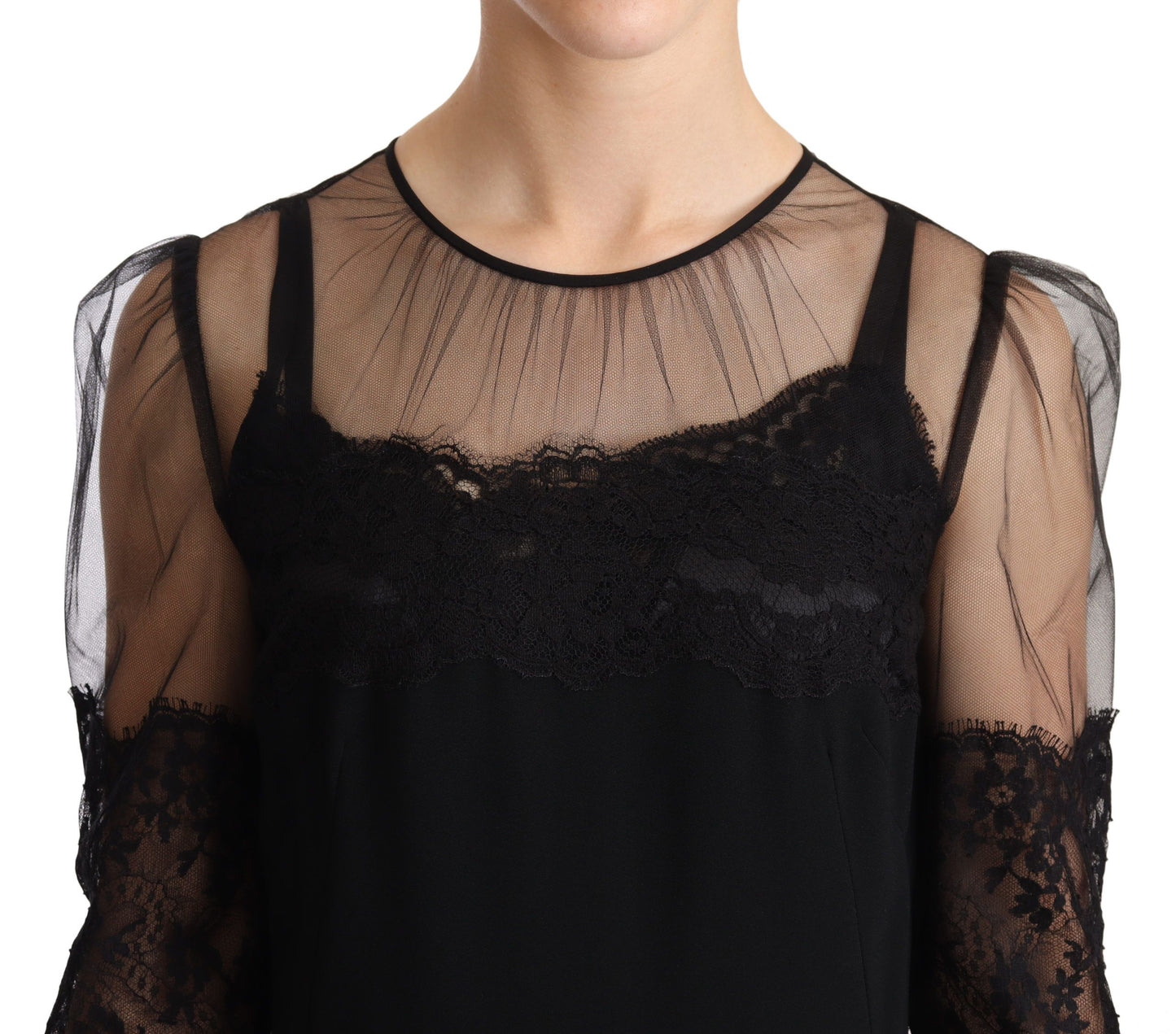 Dolce & Gabbana – Schwarzes, transparentes Maxikleid aus floraler Spitze mit Kristallen