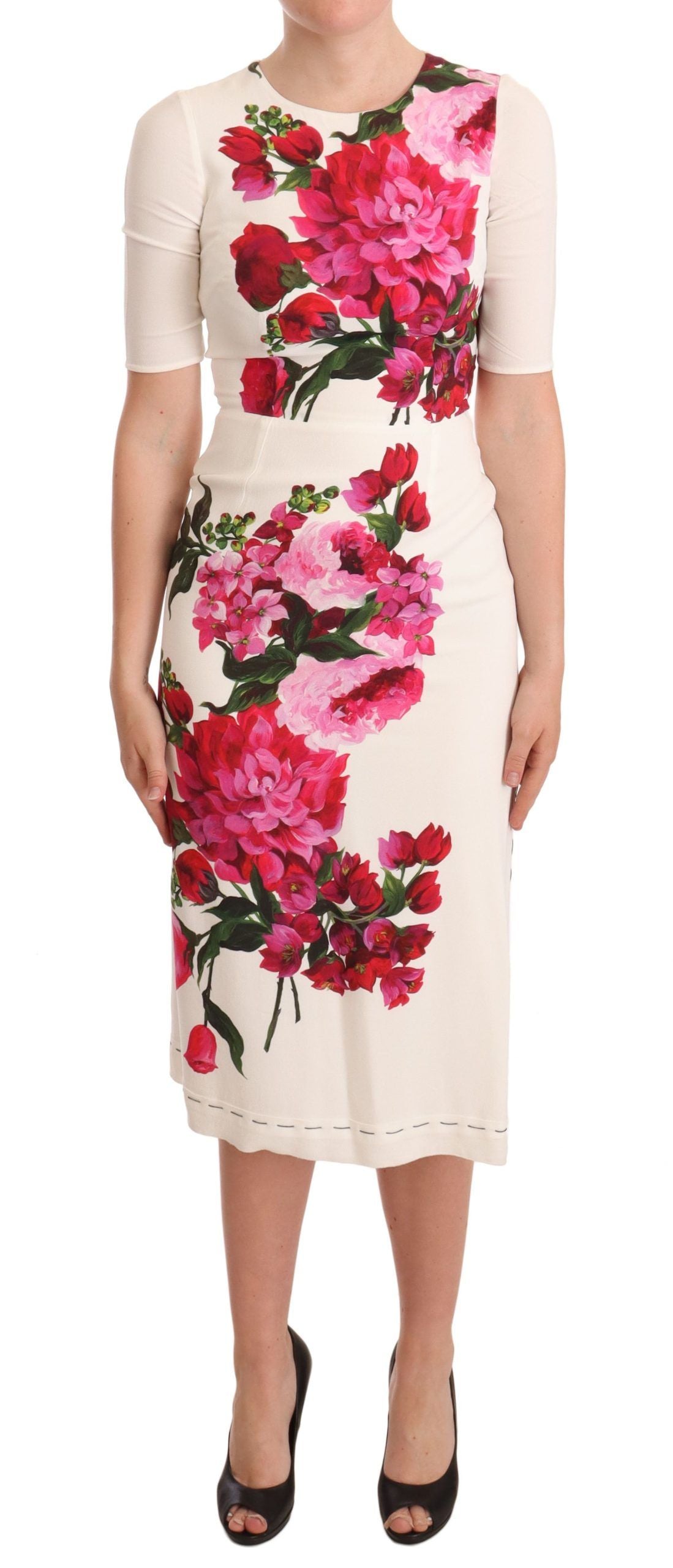 Dolce & Gabbana – Weißes Midikleid aus Crêpe mit Blumenmuster und Schlitz