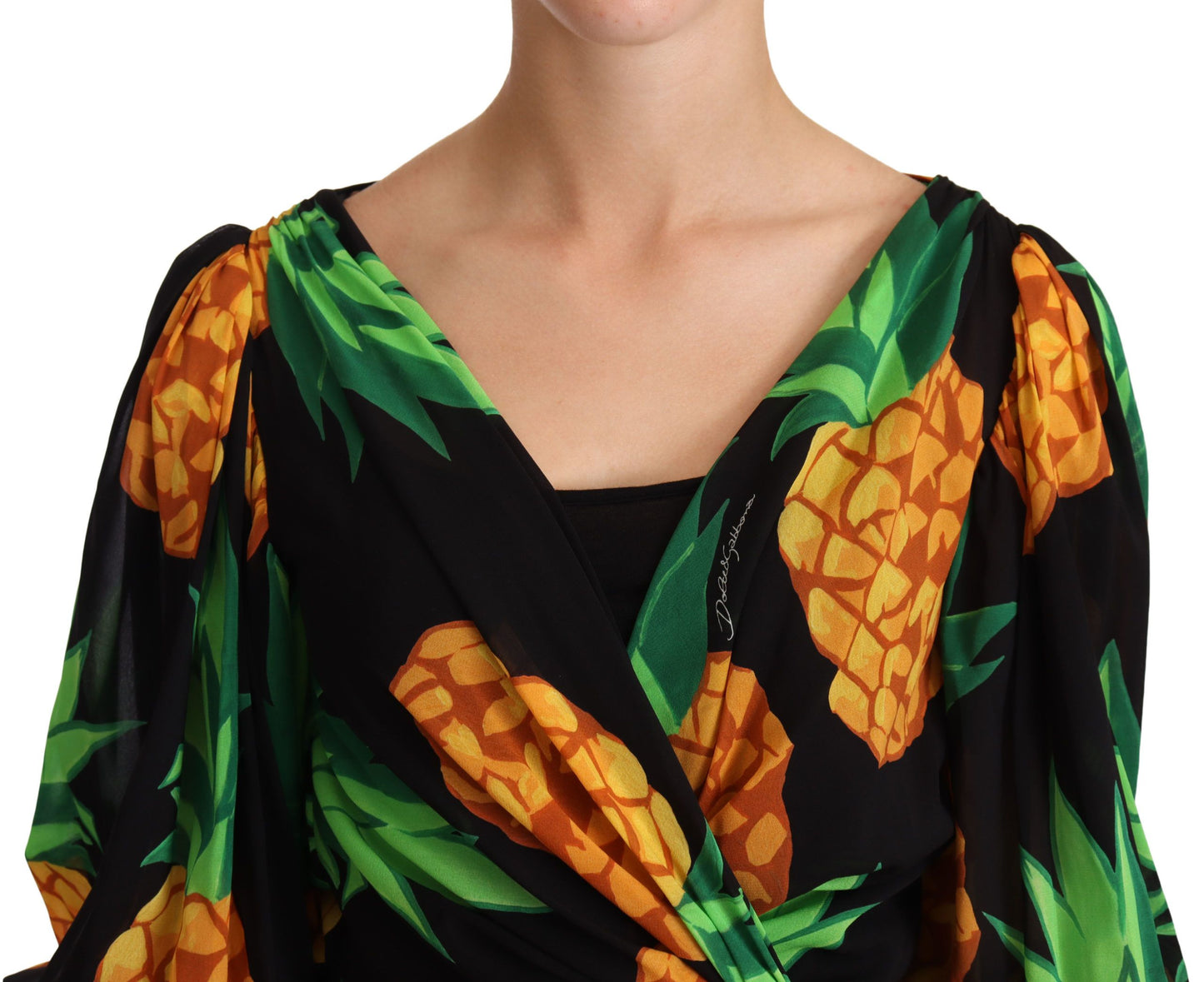 Dolce & Gabbana Schwarzes Wickelkleid aus Stretchseide mit Ananas-Print