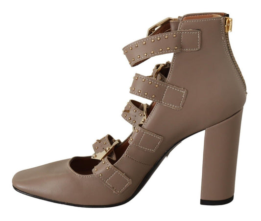 MY TWIN – Pumps aus braunem Leder mit Blockabsatz und mehreren Schnallen