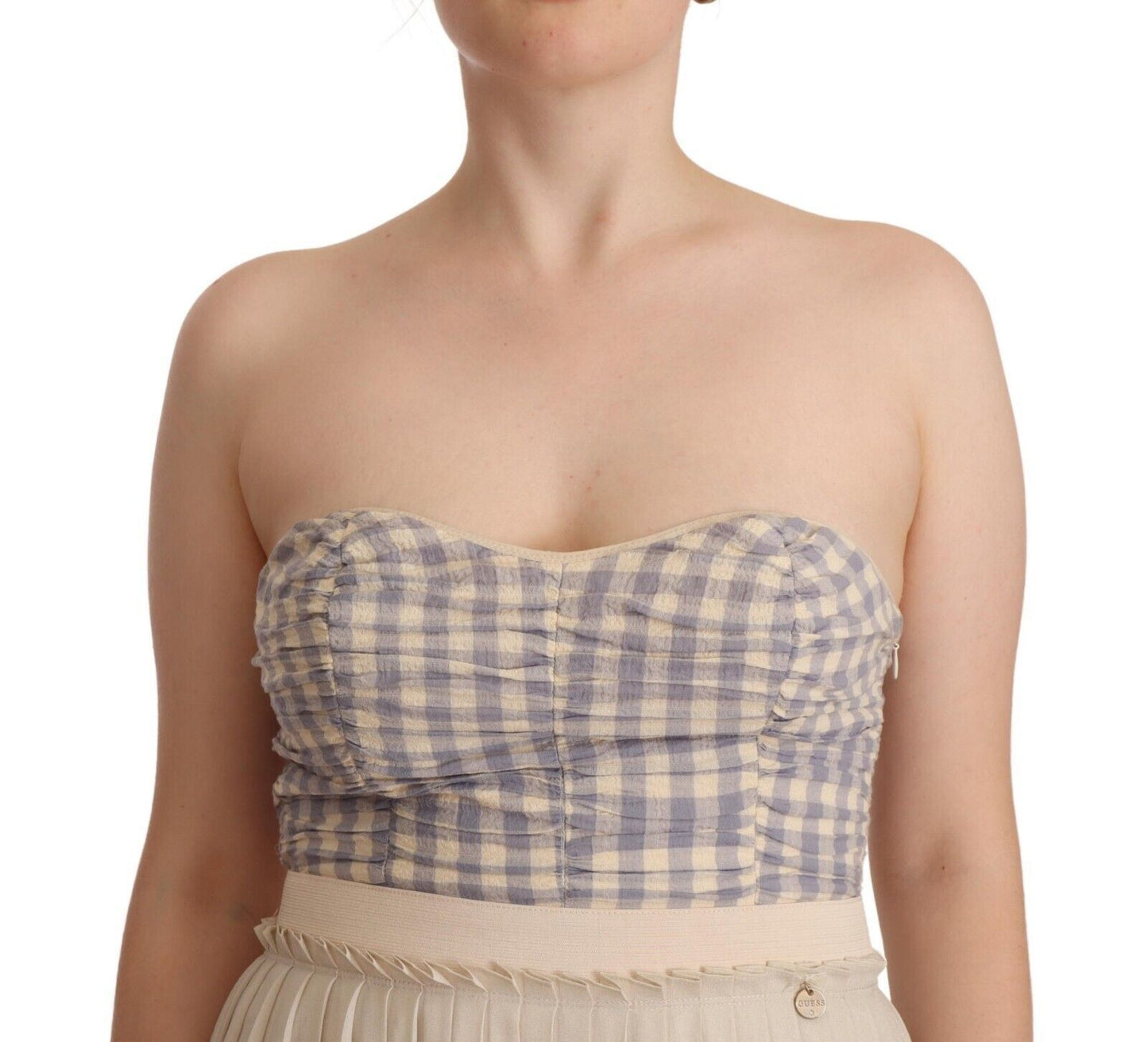 Guess Beige kariertes, plissiertes A-Linien-Bustierkleid ohne Träger