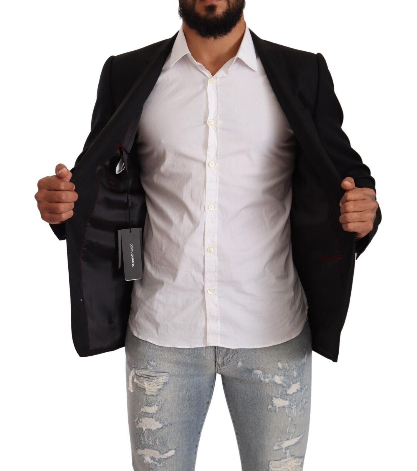 Dolce & Gabbana – Einreihiger Anzug aus schwarzer Wolle mit goldener Jacke