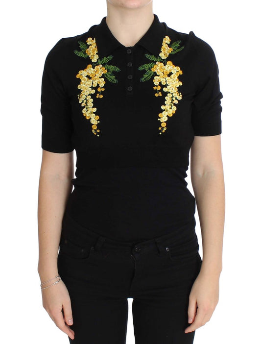 Dolce & Gabbana – Poloshirt aus schwarzer Seide mit Blumenstickerei