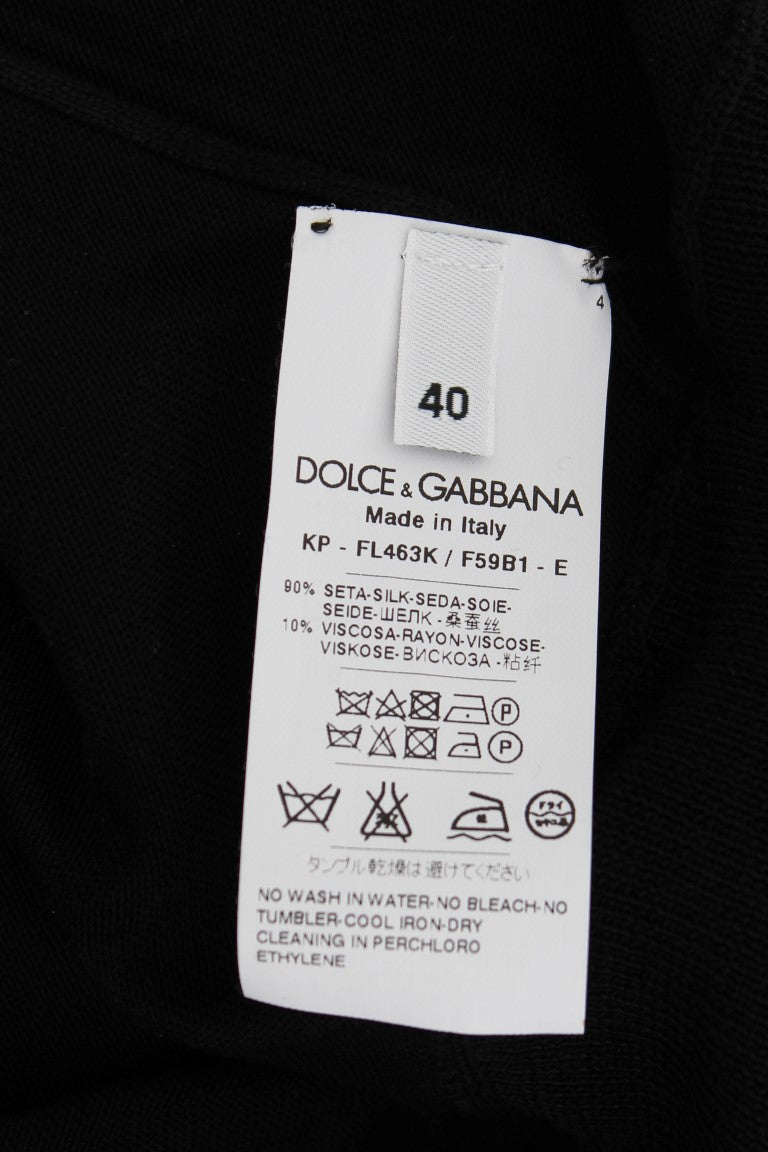 Dolce & Gabbana – Poloshirt aus schwarzer Seide mit Blumenstickerei