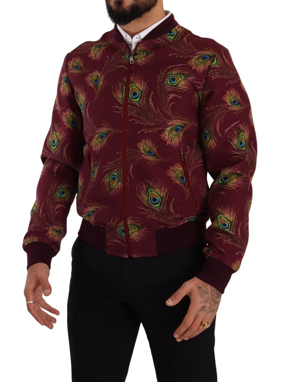 Dolce & Gabbana – Rote Pfauen-Polyester-Stretchjacke mit durchgehendem Reißverschluss