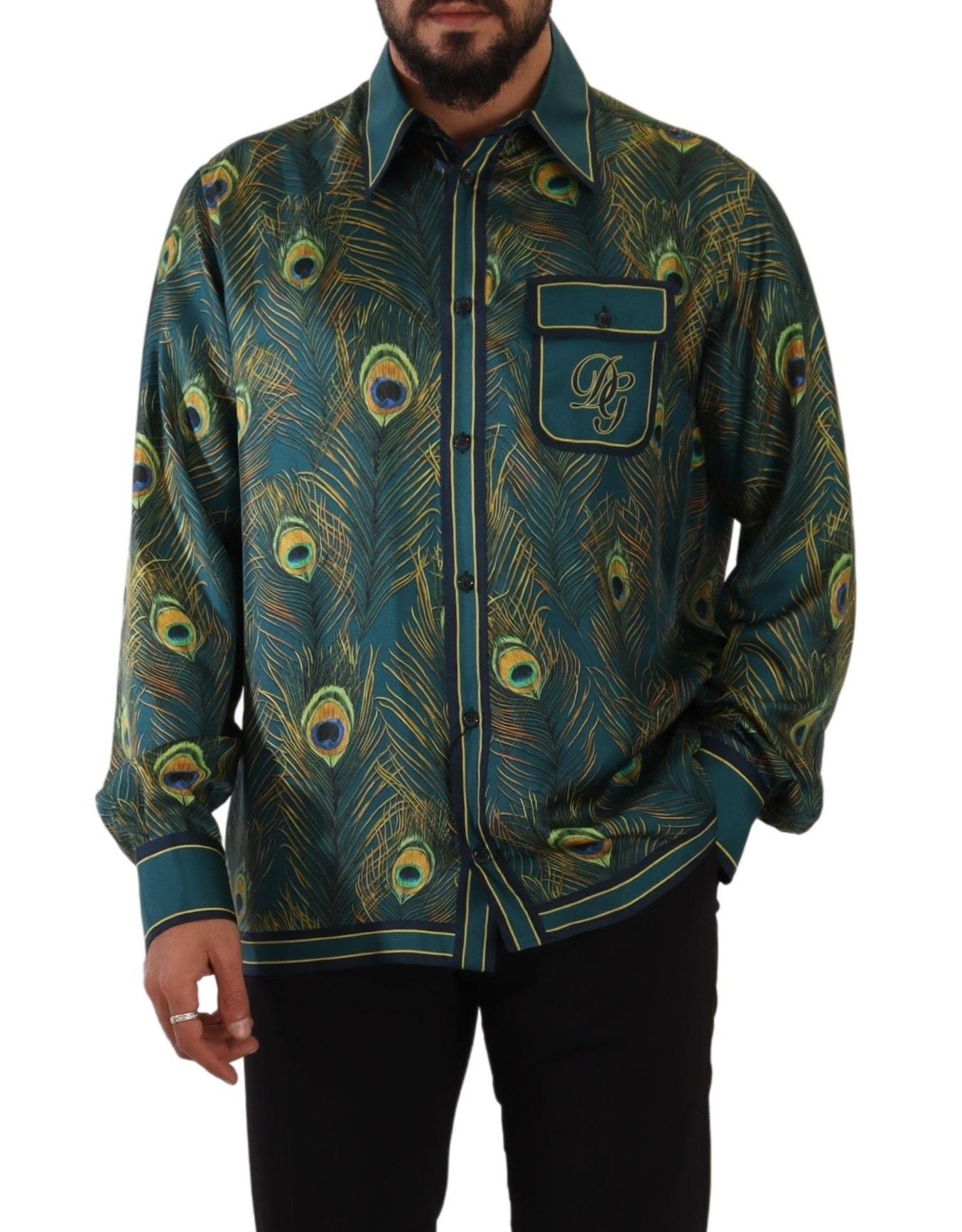 Dolce & Gabbana Herren-Pyjamahemd aus Seide mit Pfauenfeder-Print