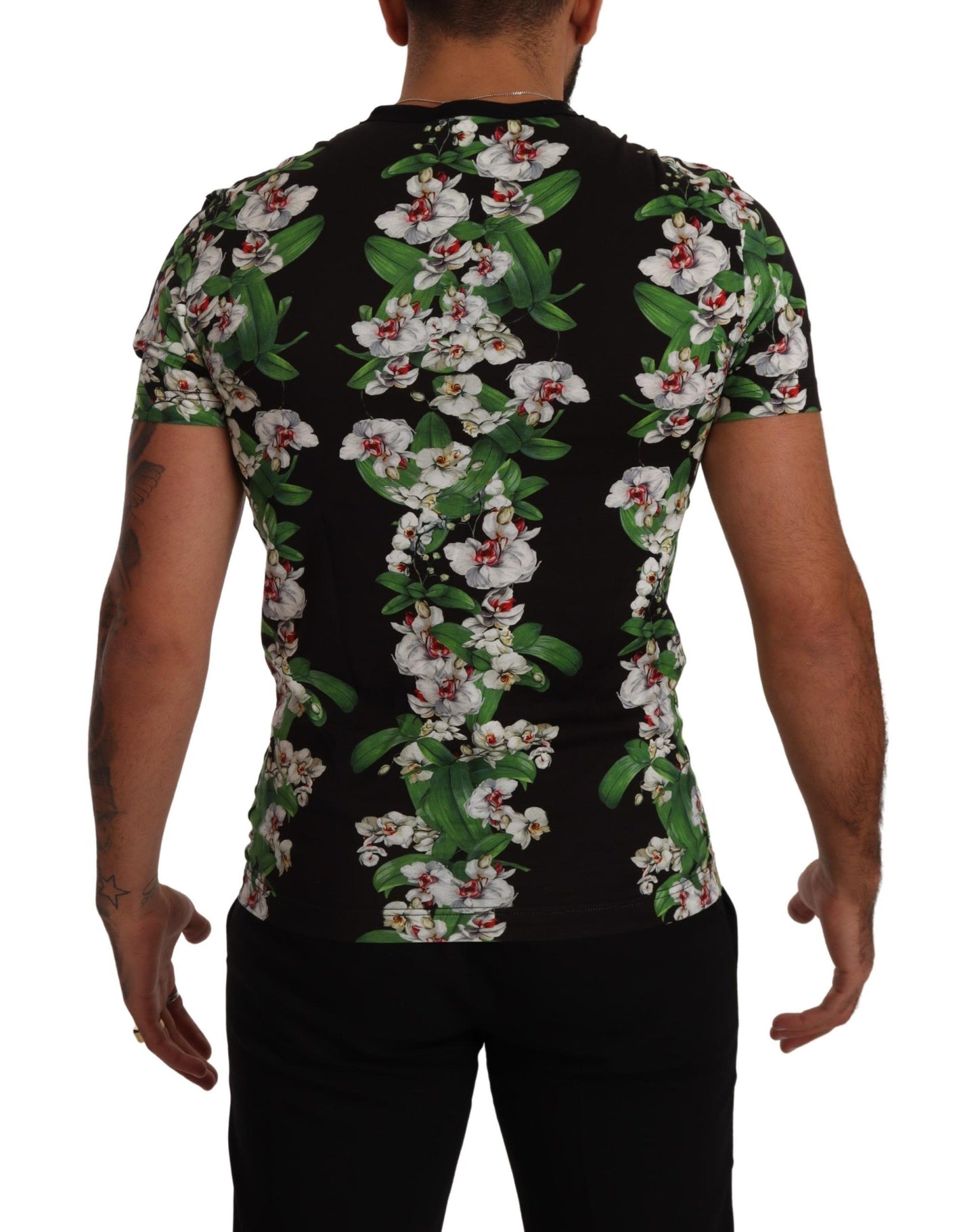 Dolce & Gabbana – Schwarzes T-Shirt mit Rundhalsausschnitt und Blumenmuster