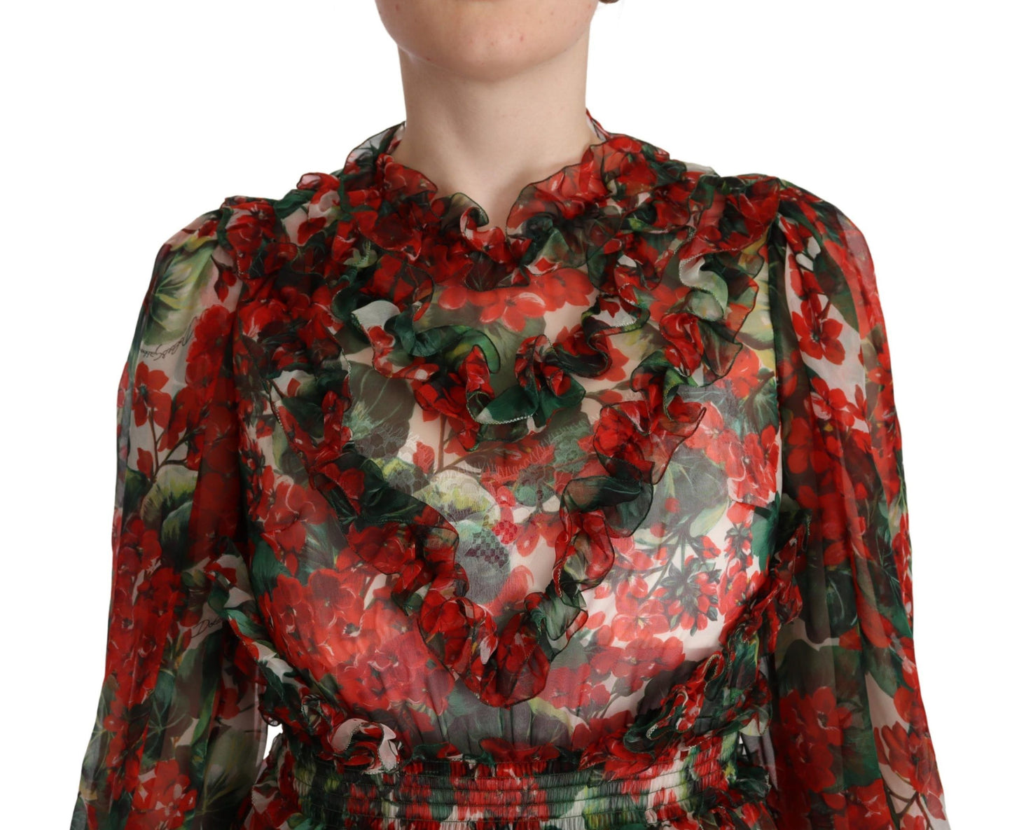 Dolce & Gabbana Langes Maxikleid aus Seide mit mehrfarbigem, rotem Blumenmuster