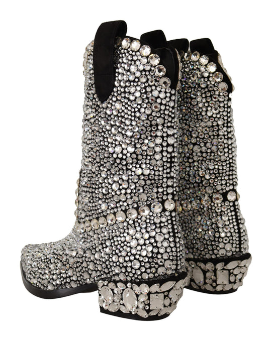 Dolce & Gabbana Cowgirl-Stiefel aus schwarzem Wildleder mit Strass-Kristallen