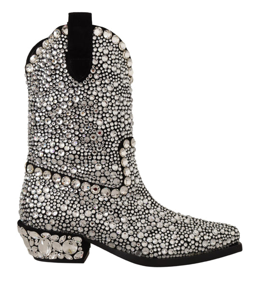 Dolce & Gabbana Cowgirl-Stiefel aus schwarzem Wildleder mit Strass-Kristallen