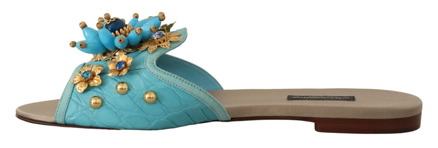 Dolce & Gabbana Blaue Kristallsandalen aus exotischem Leder mit blauen Kristallen