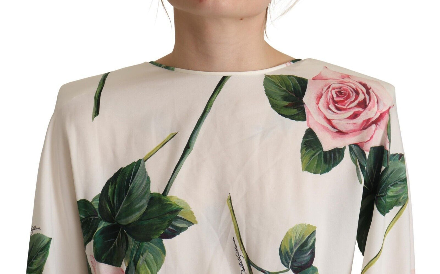 Dolce & Gabbana – Langärmliges A-Linien-Kleid mit weißem Rosendruck