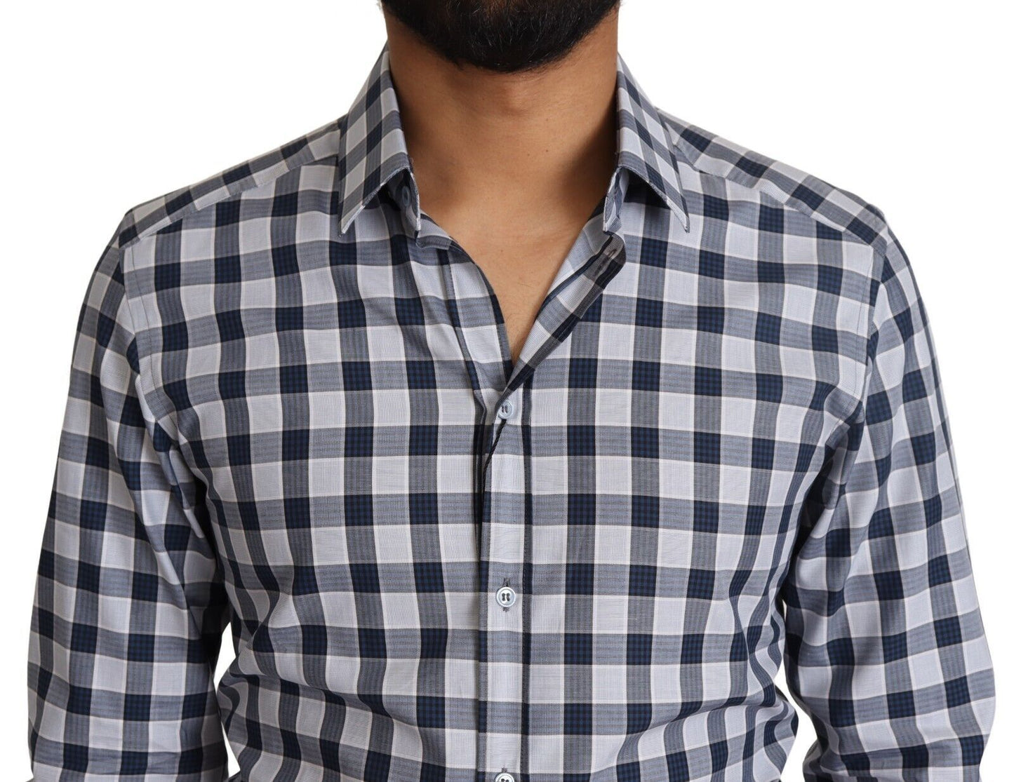 Dolce & Gabbana – Slim Fit-Hemd aus Baumwolle in Blau und Weiß mit Karomuster in GOLD