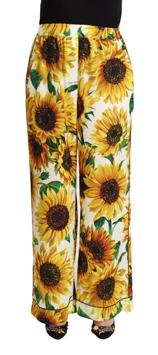 Dolce & Gabbana – Weiße Hose mit weitem Bein und Sonnenblumen-Print, mittlere Taille