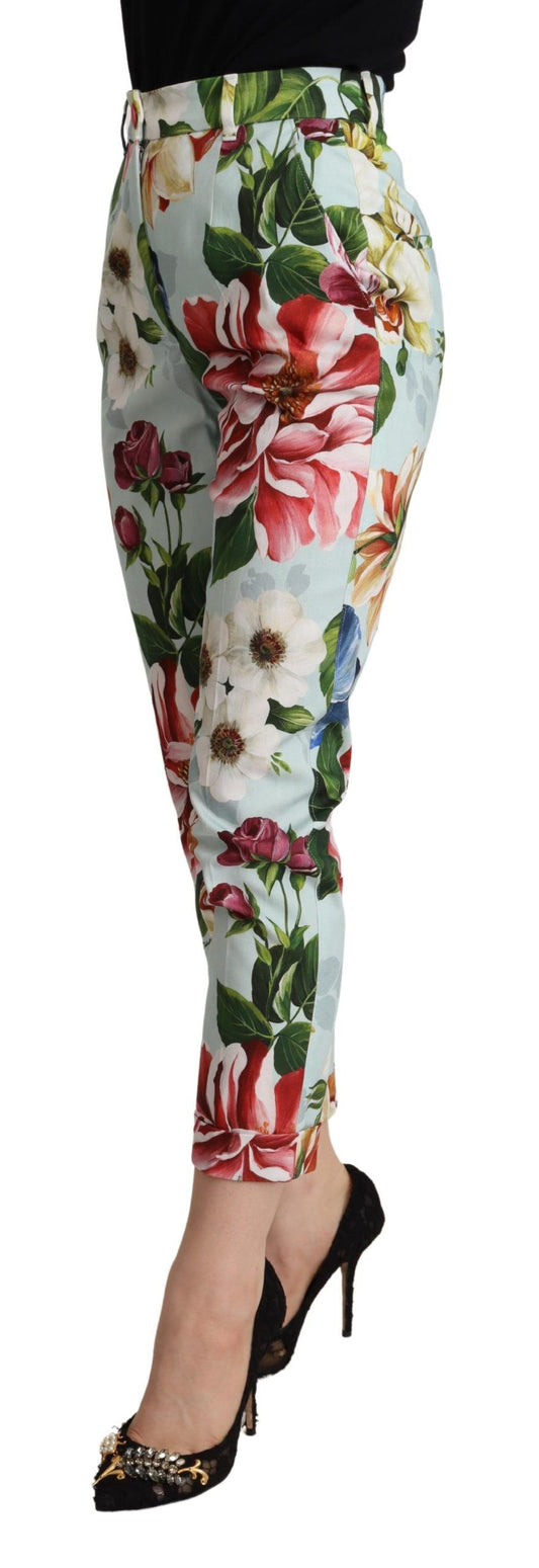 Dolce & Gabbana – Hellblaue, konisch zulaufende Baumwollhose mit Fiori-Print
