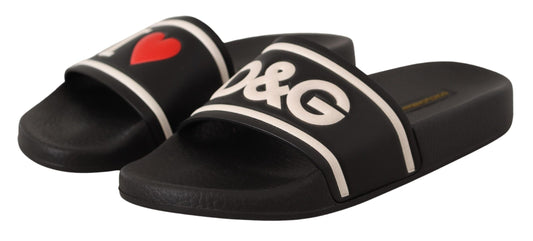 Dolce & Gabbana – I Love D&G – Slides-Sandalen aus schwarzem Leder