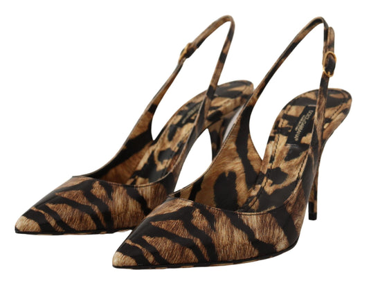 Dolce & Gabbana – Slingbacks aus Leder in Braun mit Tiger-Print