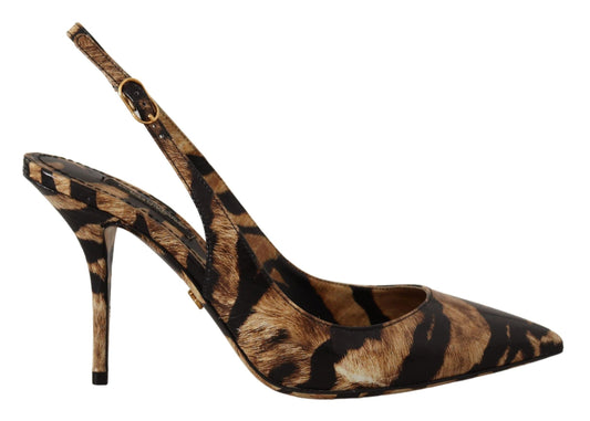 Dolce & Gabbana – Slingbacks aus Leder in Braun mit Tiger-Print