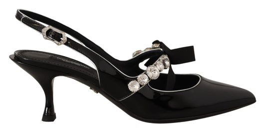 Dolce & Gabbana – Slingback-Schuhe aus schwarzem Lackleder mit Kristallen