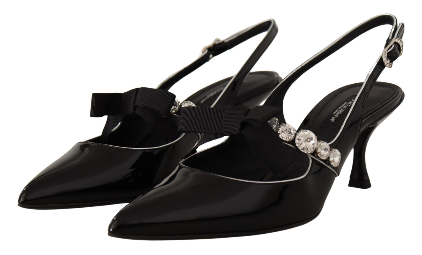 Dolce & Gabbana – Slingback-Schuhe aus schwarzem Lackleder mit Kristallen