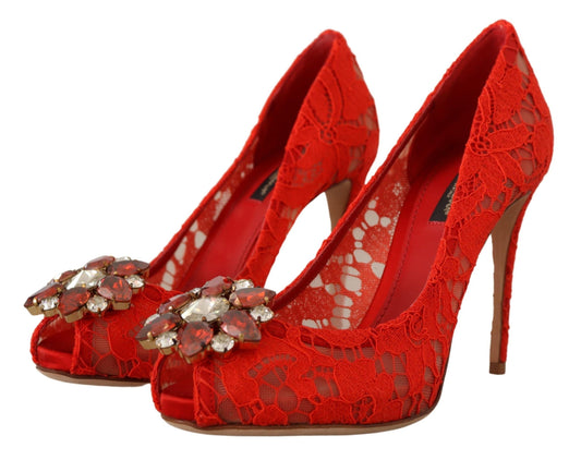 Dolce & Gabbana Rote Taormina-Pumps mit Spitzen- und Kristallabsatz