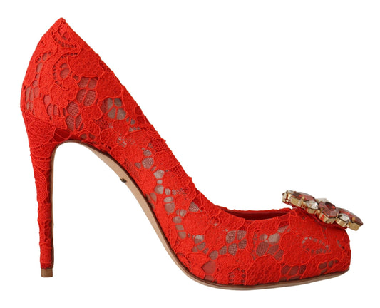 Dolce & Gabbana Rote Taormina-Pumps mit Spitzen- und Kristallabsatz