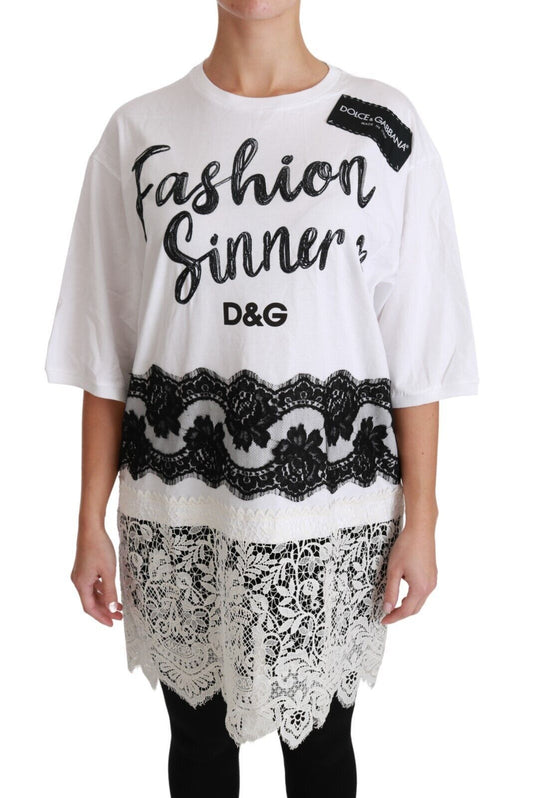 Dolce & Gabbana – Weißes T-Shirt mit Baumwollspitze „Fashion Sinner“