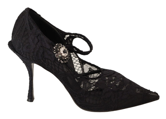 Dolce & Gabbana Schwarze Mary Jane Pumps mit Spitzen und Kristallen
