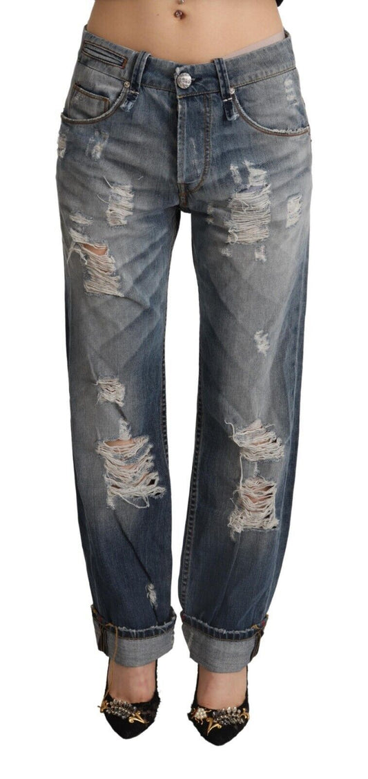 Acht – Blaue, zerfetzte Jeans aus Baumwolle mit mittlerer Taille und geradem Schnitt