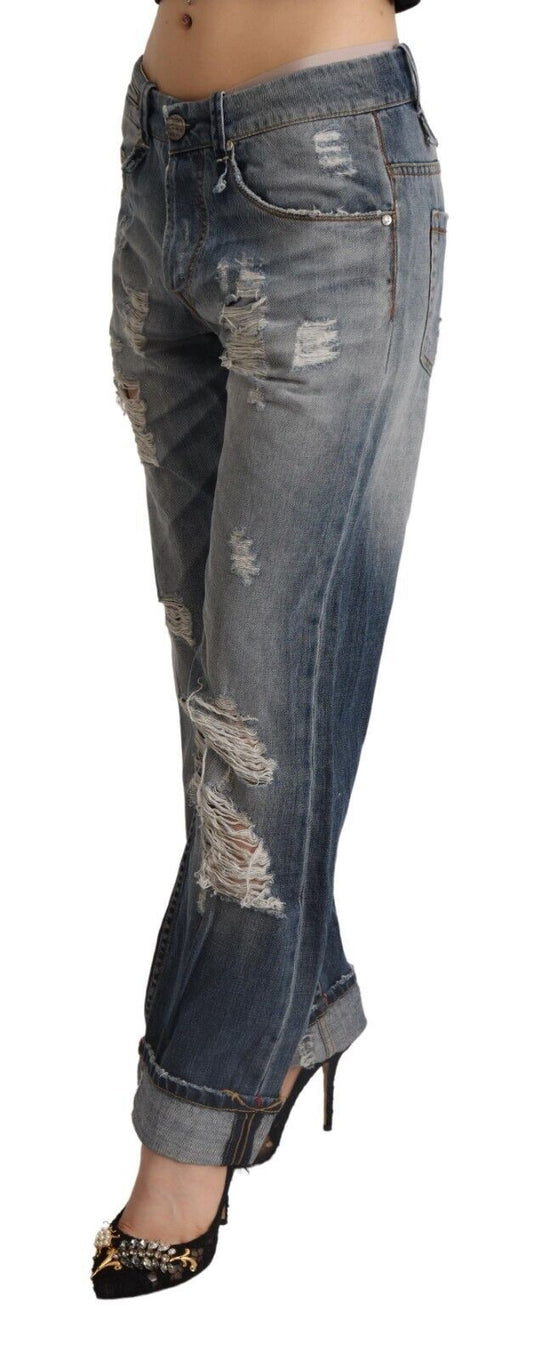 Acht – Blaue, zerfetzte Jeans aus Baumwolle mit mittlerer Taille und geradem Schnitt
