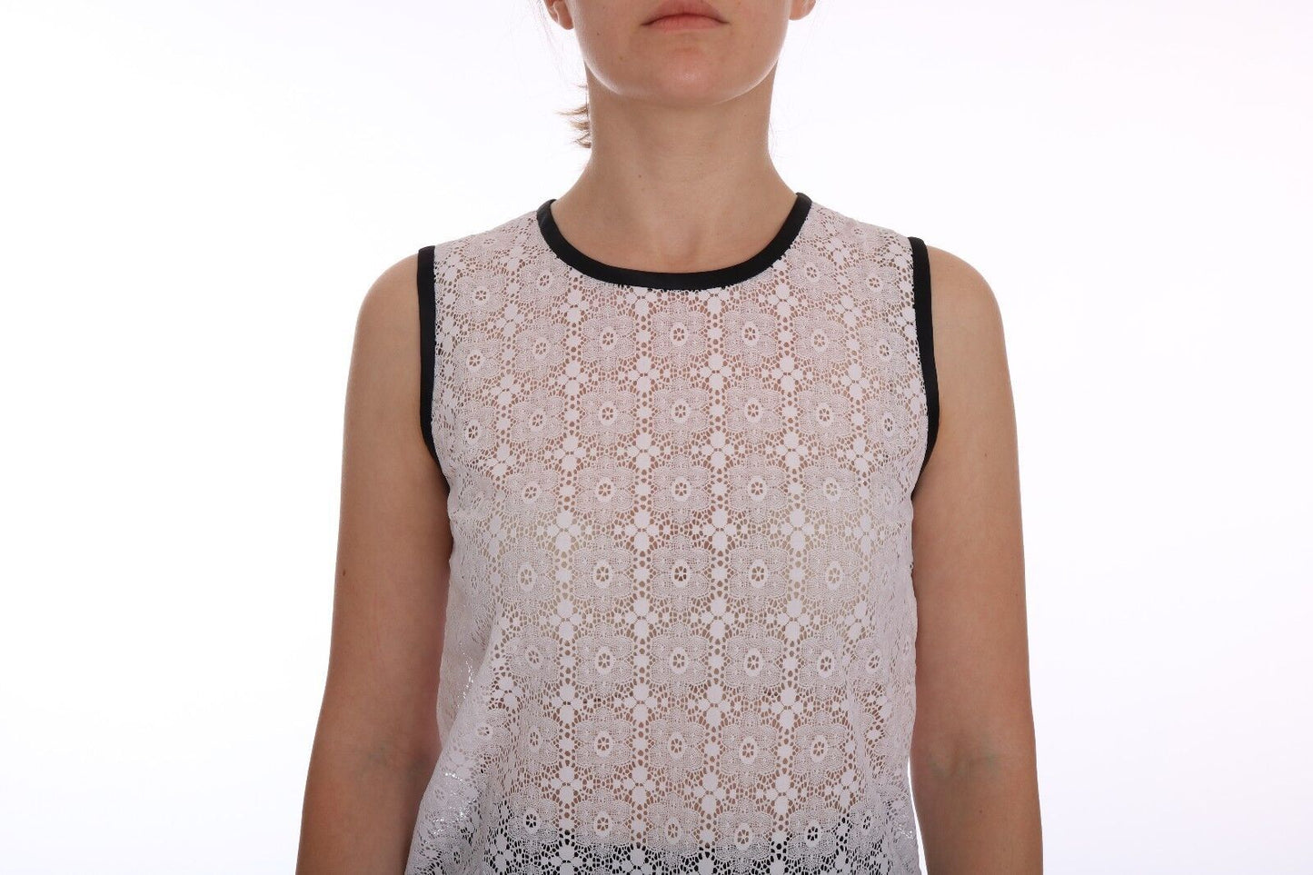 Dolce & Gabbana – Weißes Nylon-Tank-T-Shirt mit Spitzenblumenmuster