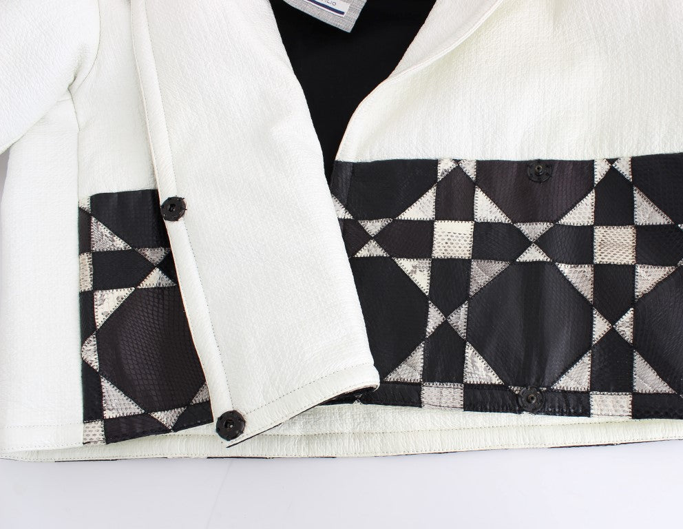 Andrea Pompilio Weiß-Schwarze kurze Lederjacke