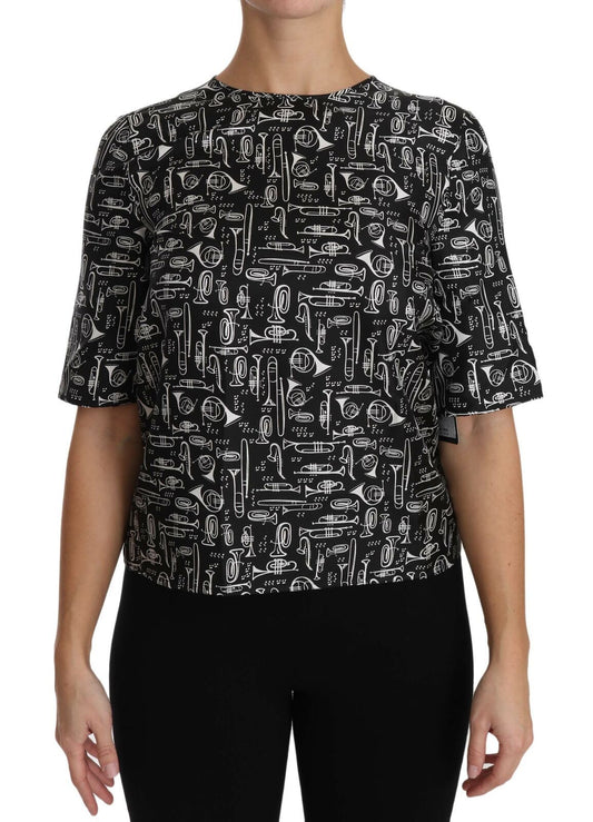 Dolce & Gabbana – Schwarze Seidenbluse mit Musikinstrumenten-Print