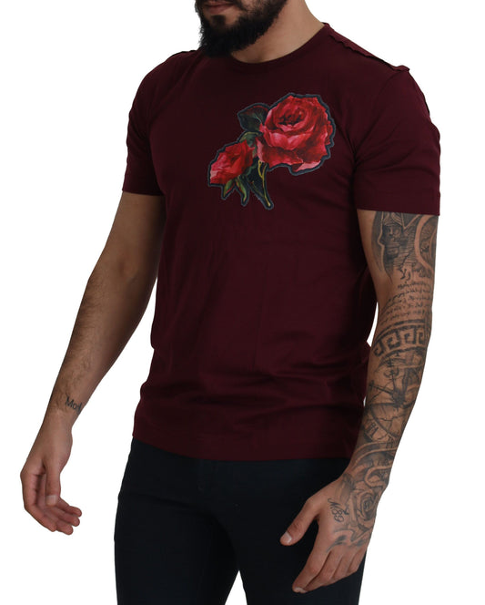 Dolce & Gabbana Bordeaux Roses Baumwoll-T-Shirt mit Rundhalsausschnitt