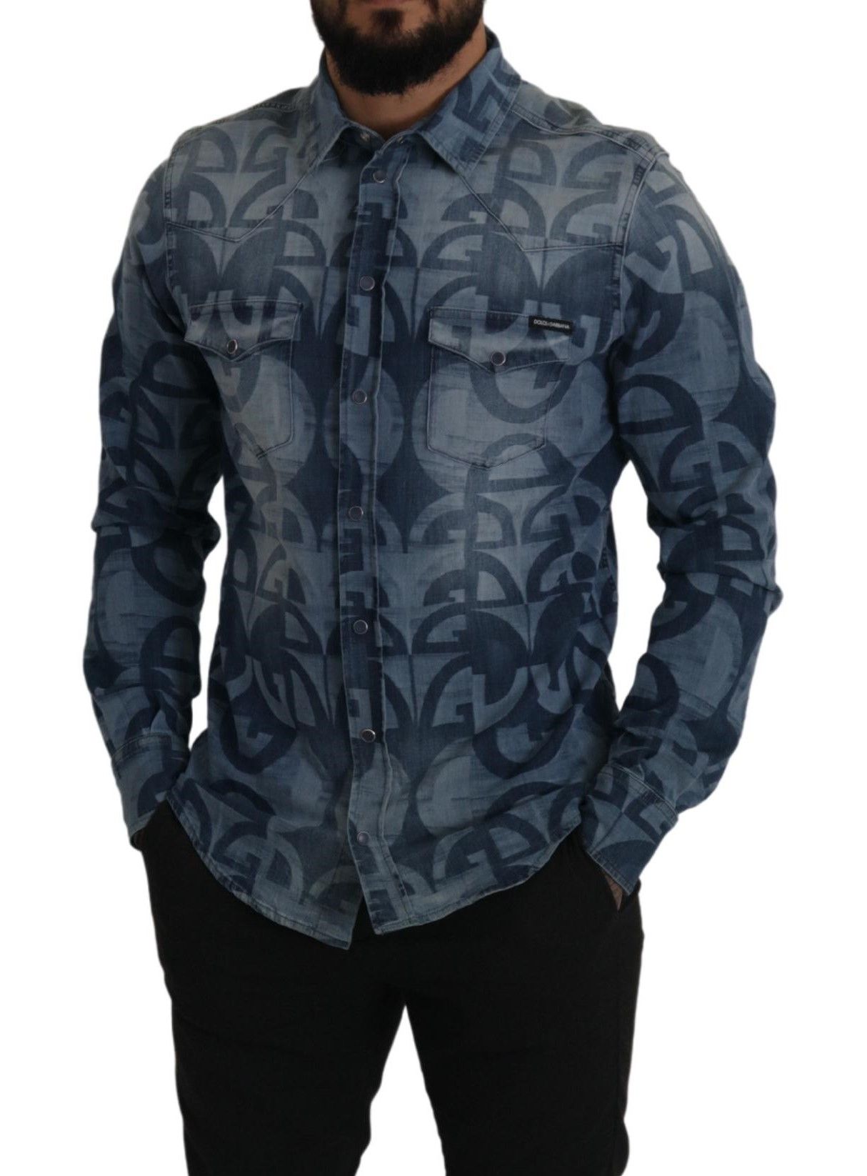 Dolce & Gabbana Blue Denim Stretch DG Logo Lässiges Herren Slim Shirt