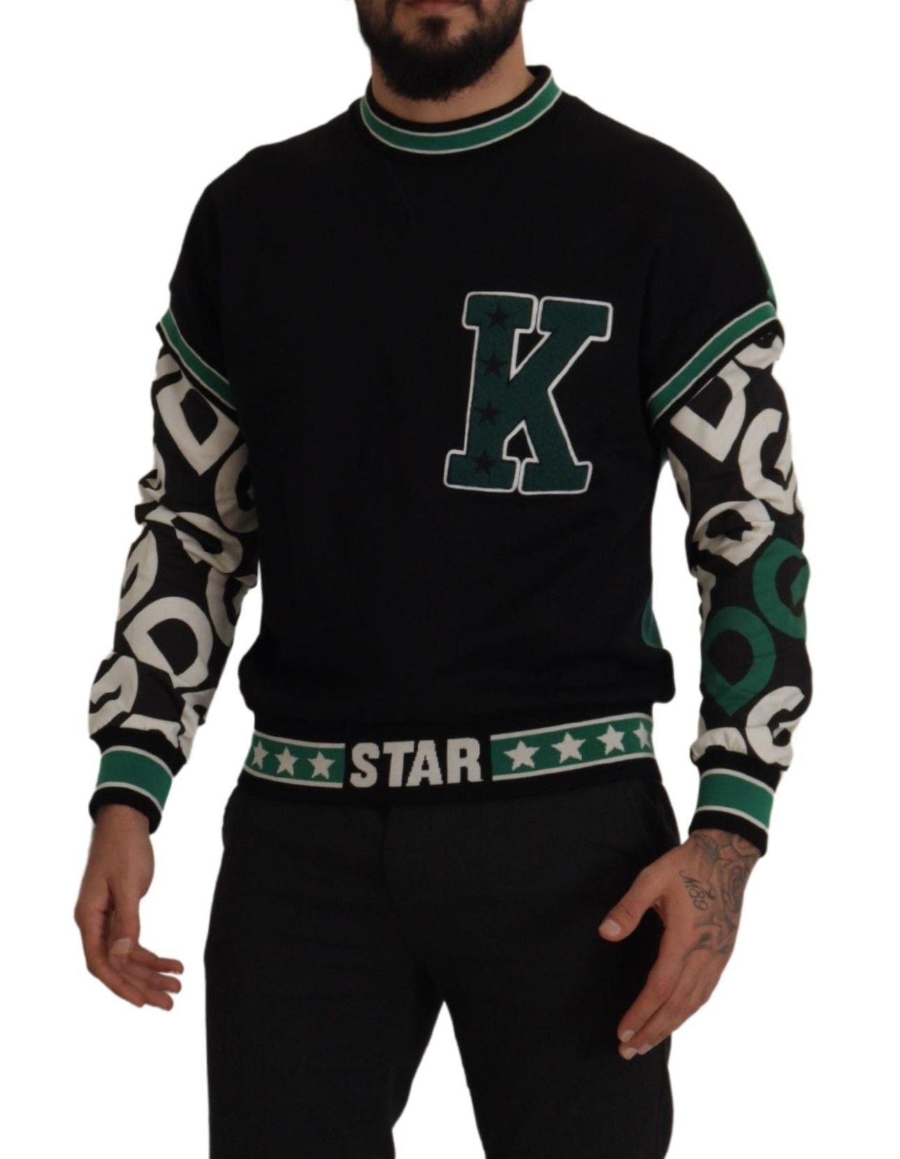 Dolce & Gabbana Schwarz-Grüner Pullover mit Rundhalsausschnitt aus Baumwolle mit KING-Stern