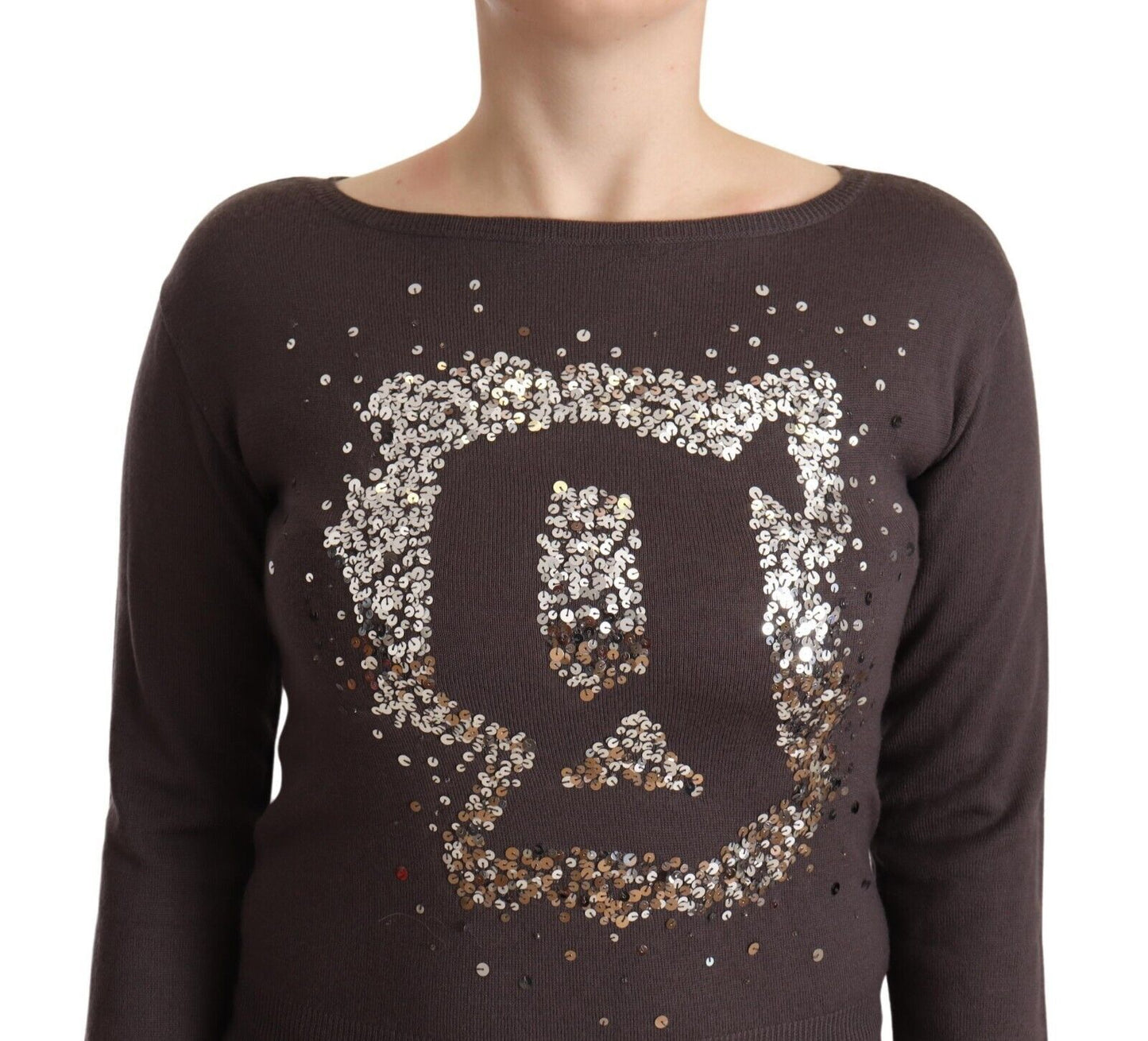 John Galliano Brauner Pullover aus Wolle mit Pailletten und langen Ärmeln