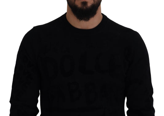 Dolce & Gabbana – Schwarzer Pullover mit Rundhalsausschnitt aus Wolle mit Logomuster