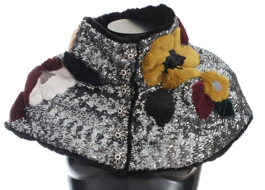 Dolce & Gabbana – Schulterschal mit Blumenmuster und Wieselfell in Silber