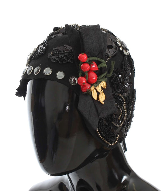 Dolce & Gabbana – Broschenhut mit schwarzen Kristallen und goldenen Kirschen