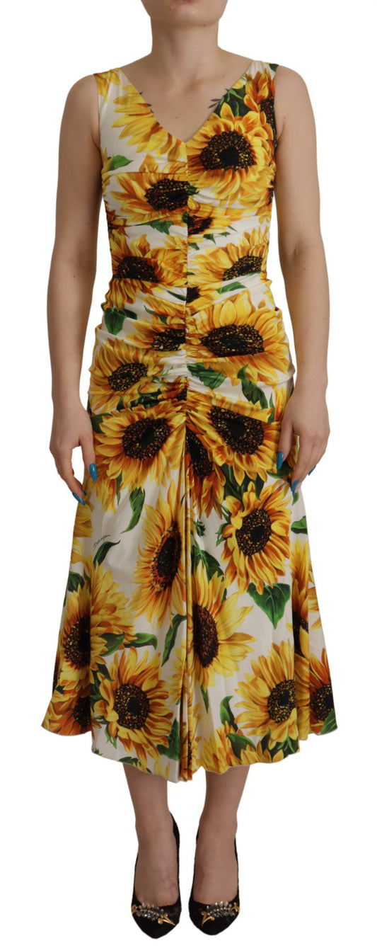 Dolce & Gabbana Weißes Etuikleid aus Seide mit Sonnenblumen-Print